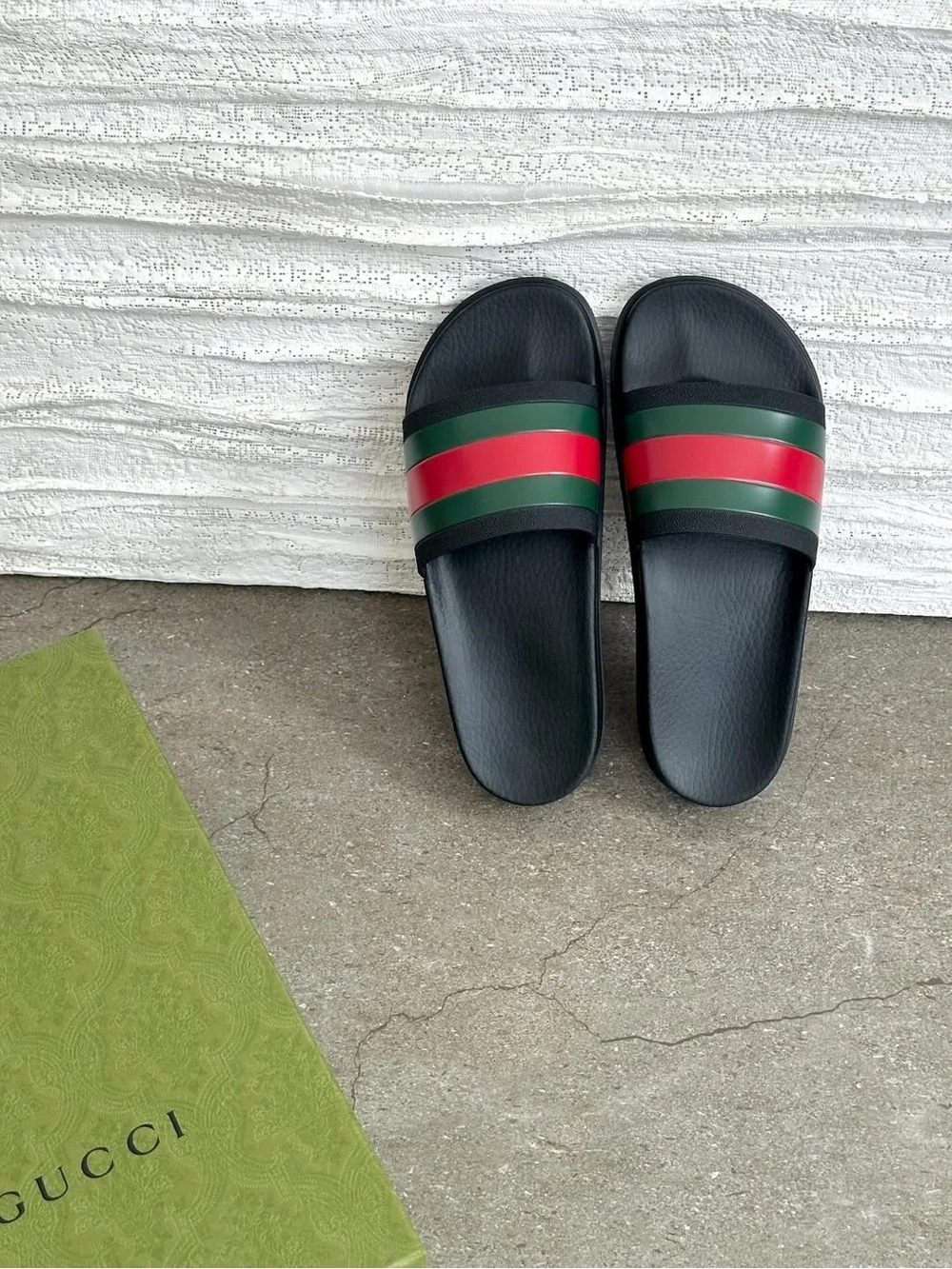 Gucci Black Slides with Green and Red Web Stripe